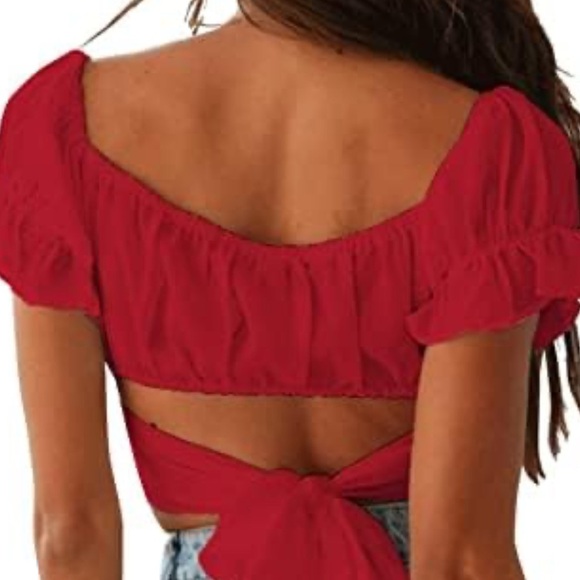 LYANER Women's Ruffle Short Sleeve Tie Up Back Crop Top Off Shoulder Blouse NWOT - Picture 2 of 8